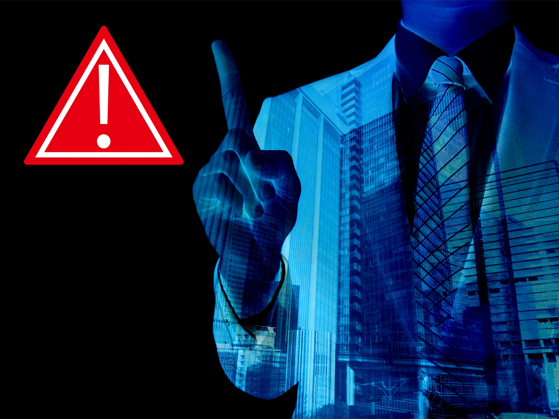 ダーク背景にスーツ姿の人物と！マーク