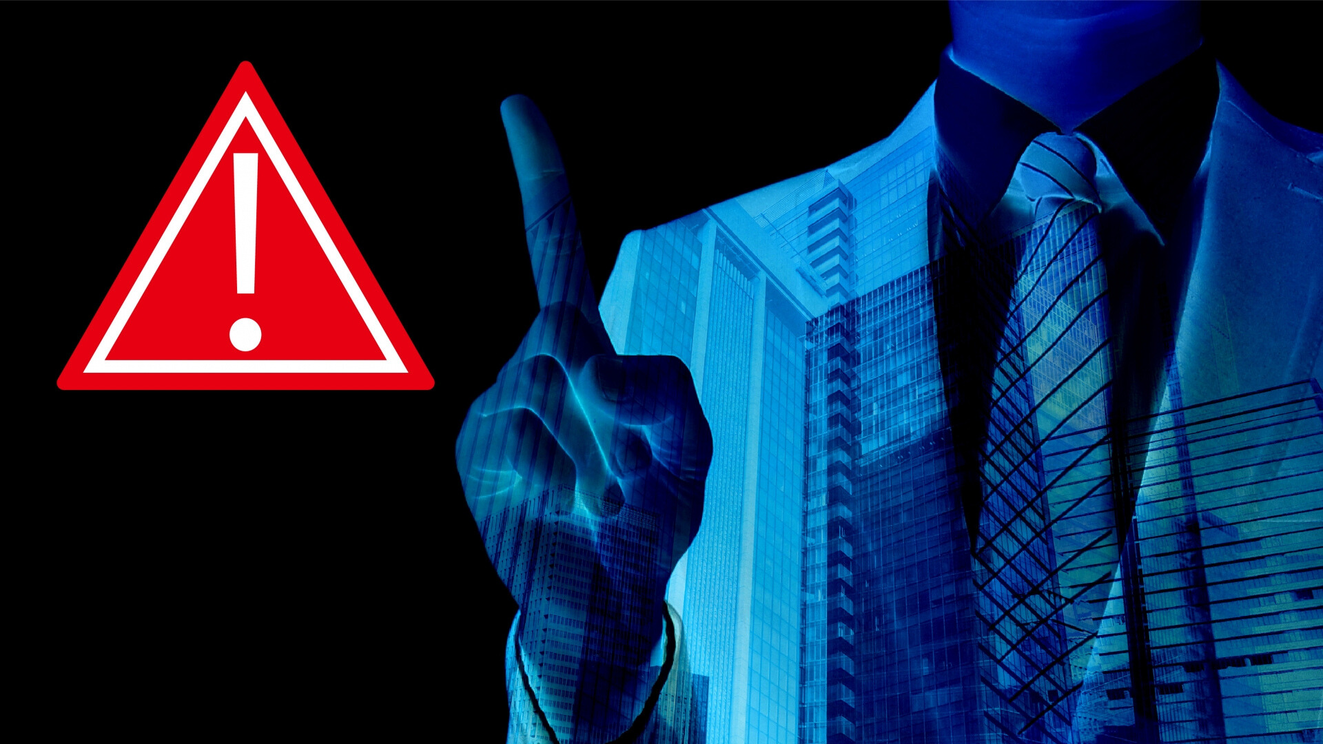 ダーク背景にスーツ姿の人物と！マーク