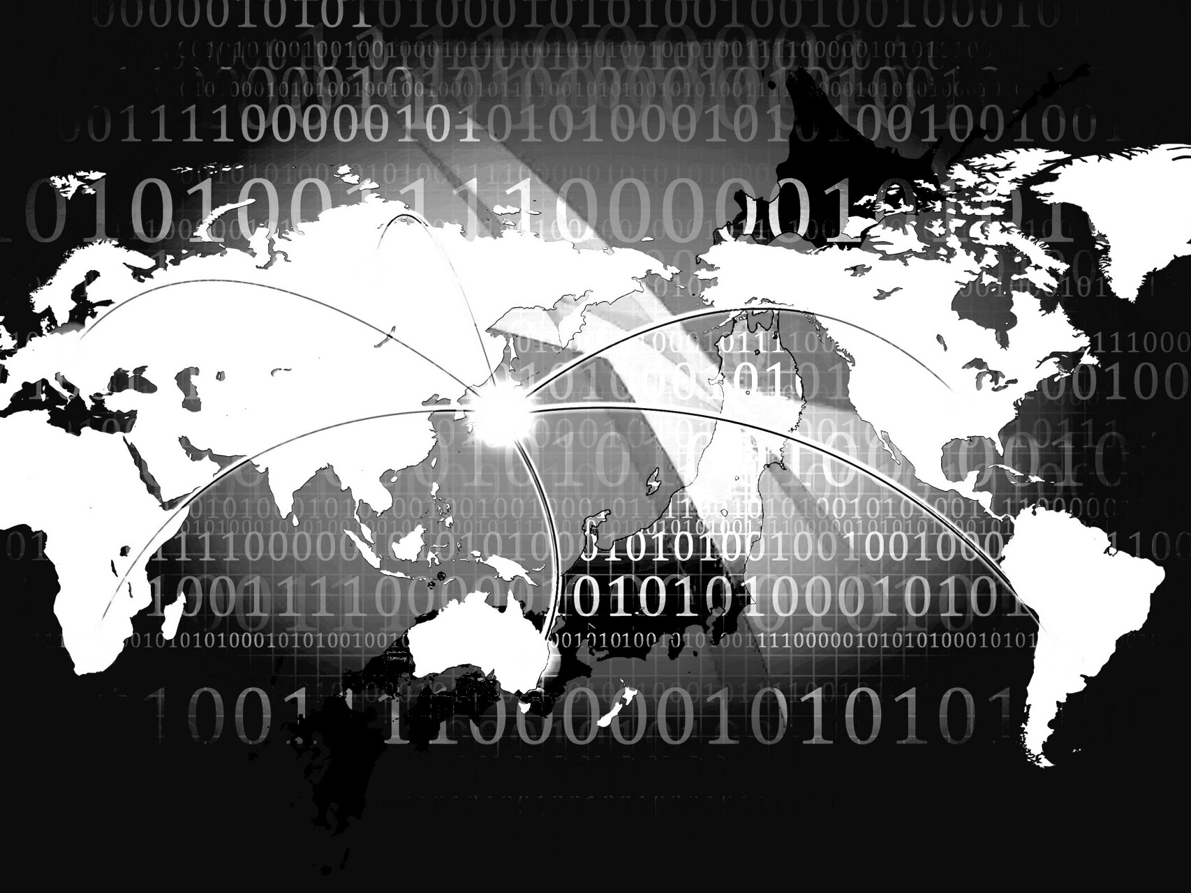 黒い背景と日本と世界の他陸を繋ぐ線