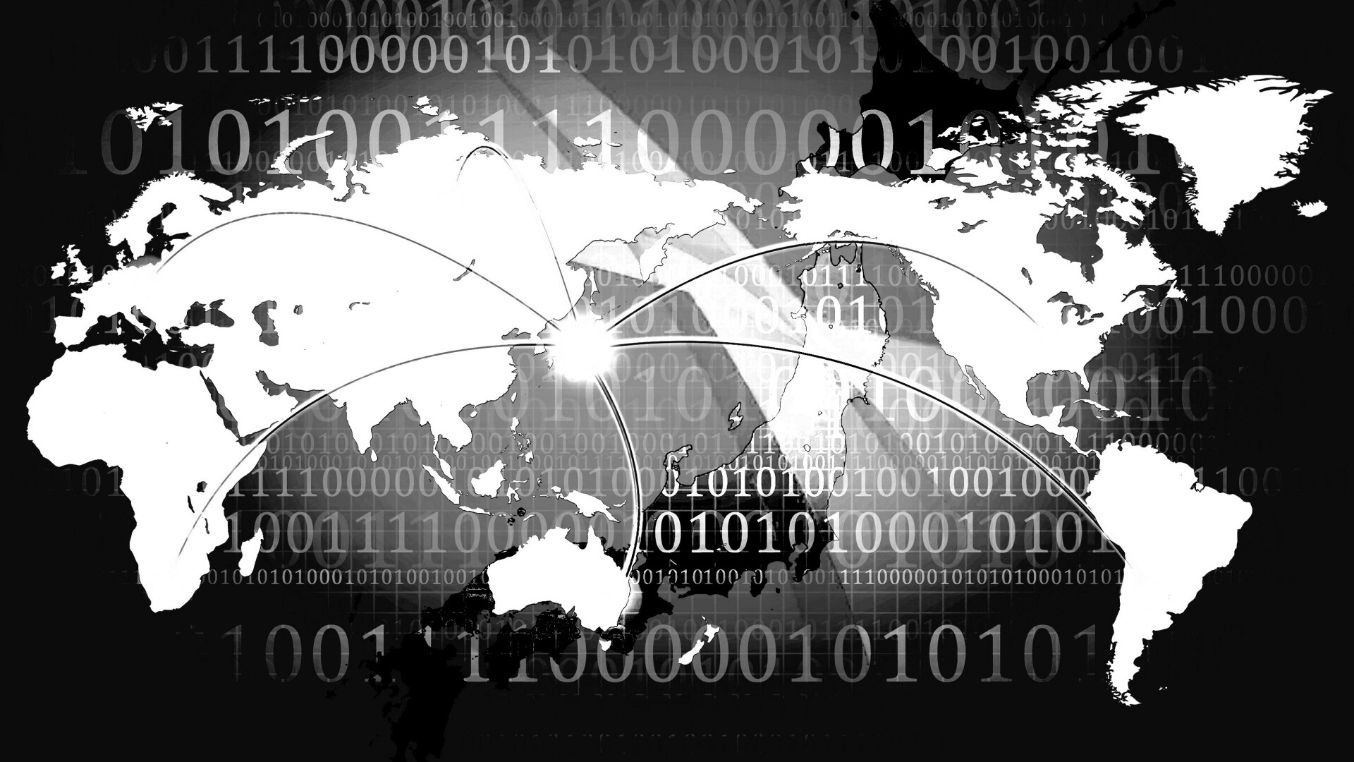 黒い背景と日本と世界の他陸を繋ぐ線