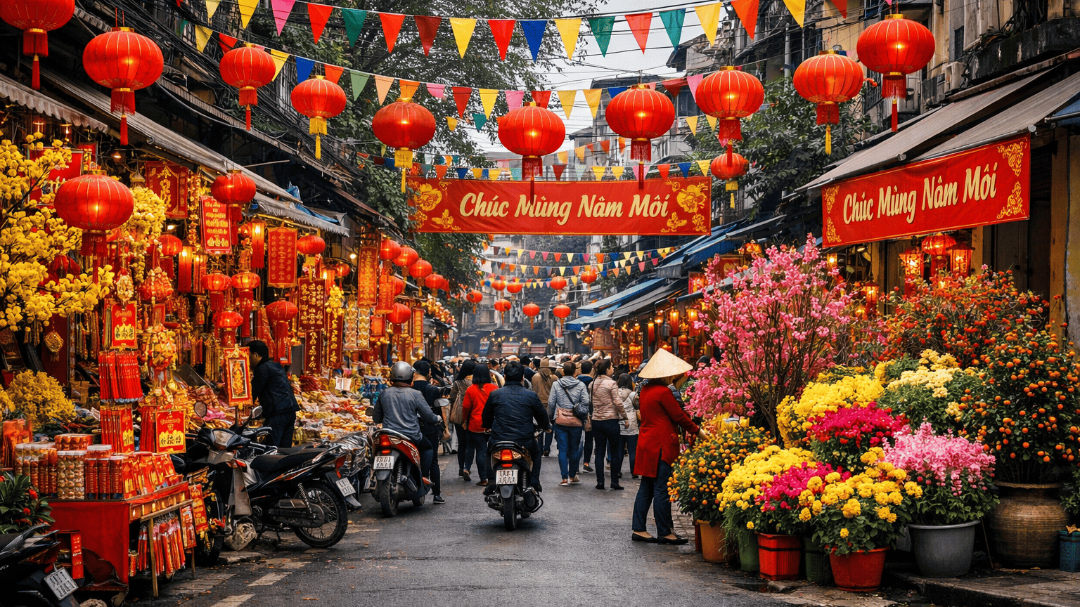 ベトナムのカラフルなテト祝祭街AI